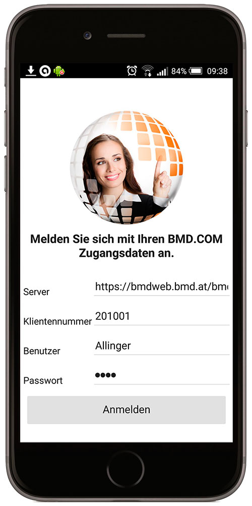 Einstiegsbildschirm der mobilen BMD Com App